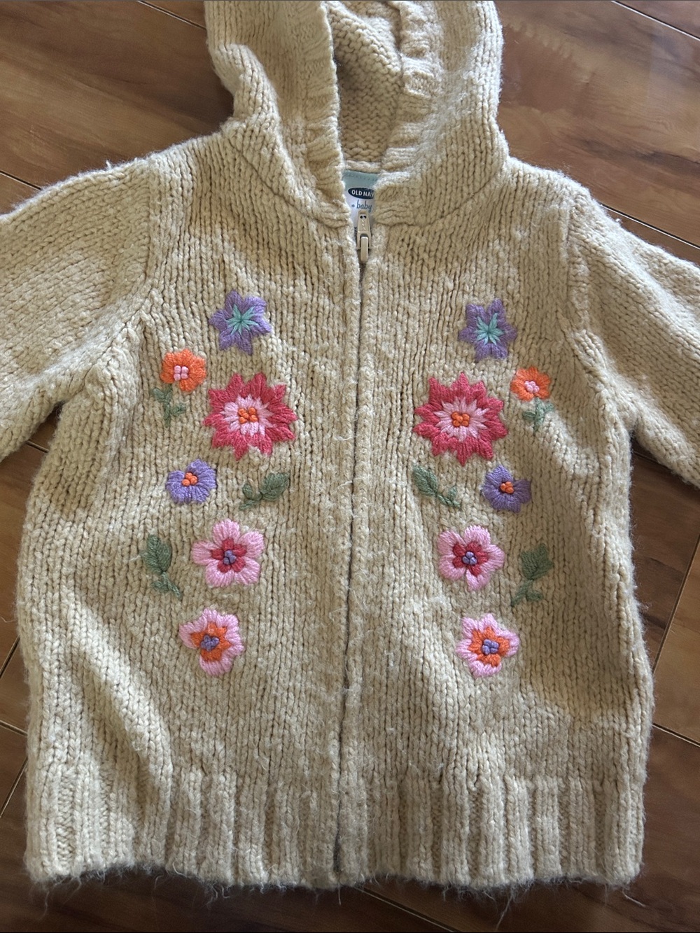 Old Navy Tan Hooded Zip Cardigan with Embroidered Flowers